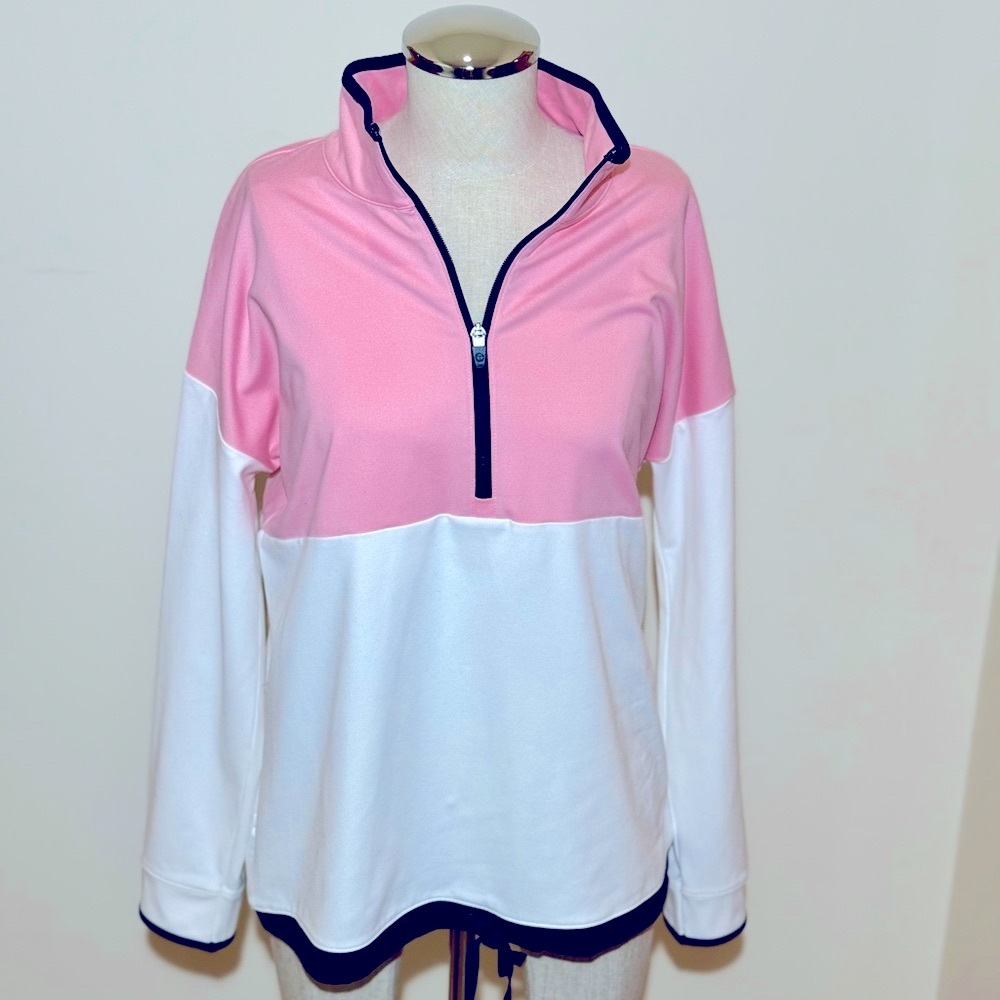 EUC Talbots Pink and White 1/2 Zip Long Sleeve Polo Shirt -Sz Med